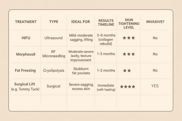 Table showing the comparisons of Skin tightening Old Oak Common treatment options.